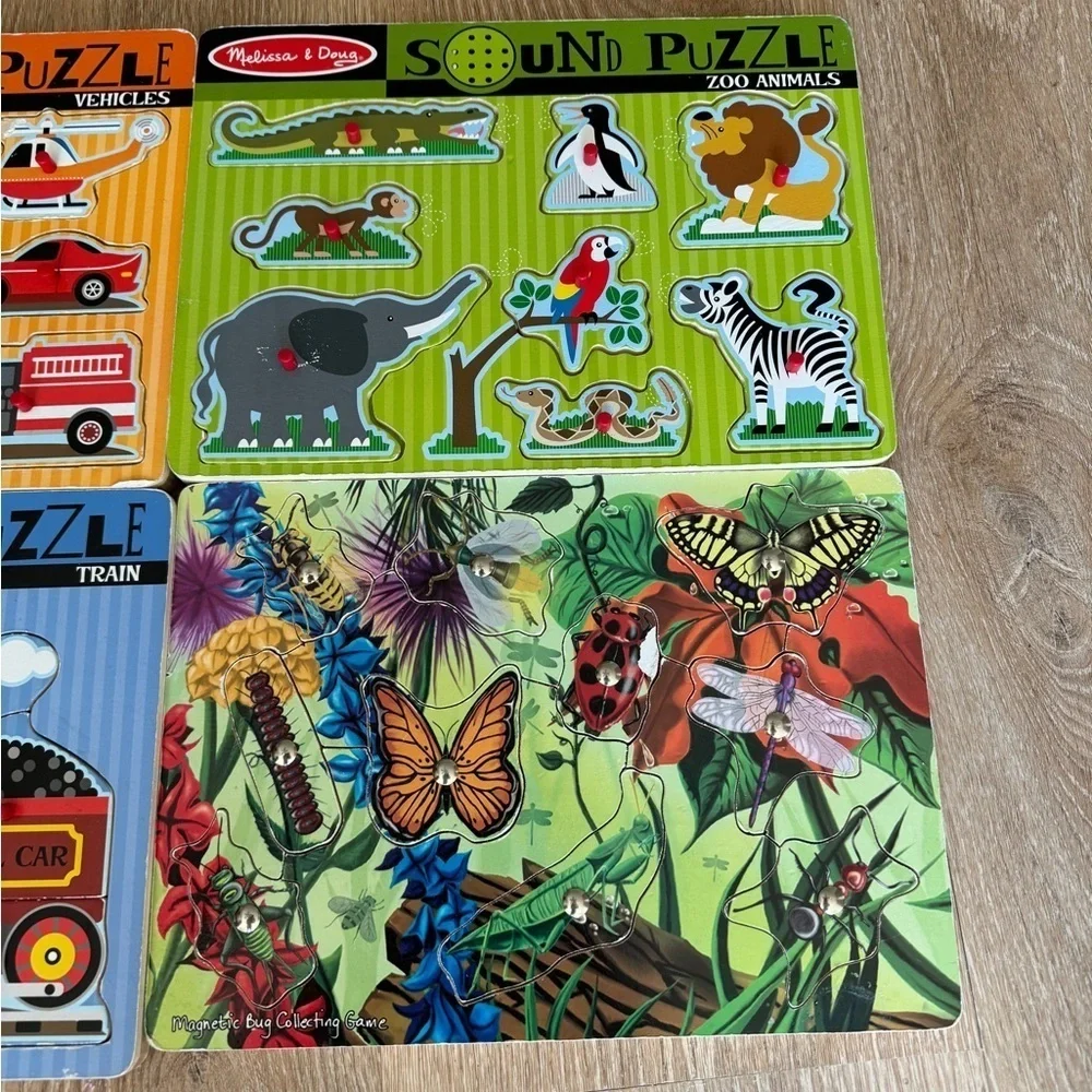Vintage Melissa & Doug wooden puzzles sounds magnetic animals bugs vehicles baby